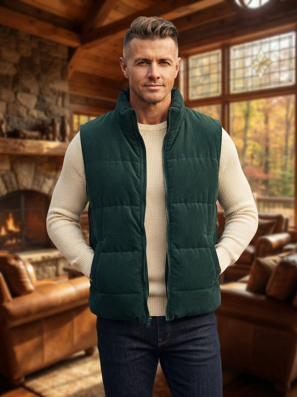 Take 50% OFF- Men's Puffer Vest - Dark Green, Size-XL